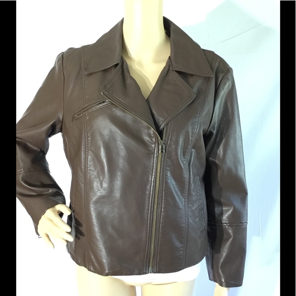 Liz Claiborne Brown Faux Leather Zippered Jacket EUC